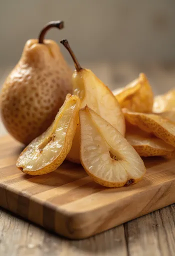 Скибочки сушеної груші в мисці, зі свіжою грушею, горіхами та корицею