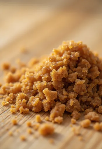 Коричневий цукор у мисці з дерев'яною ложкою, крупинки з мелясою