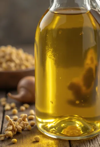 Льняна олія в бурштиновій пляшці та піалі на світлій поверхні