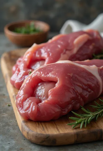 Скибочки свіжої печінки на дошці, готові до приготування