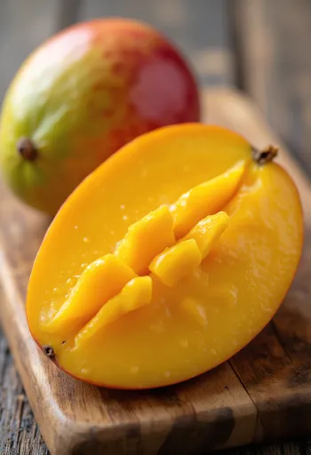 Свіже манго нарізане скибочками на дерев'яному столі, яскраво-помаранчева м'якоть