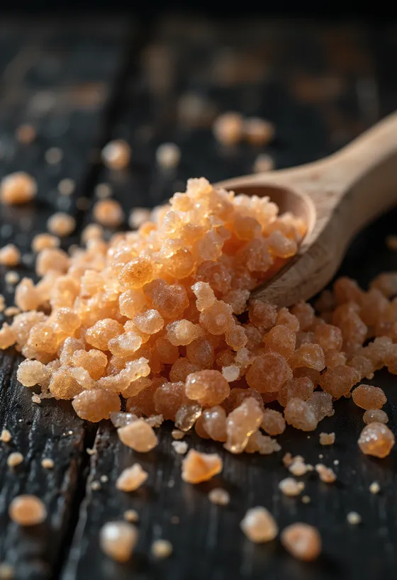 Копчена сіль насиченого коричневого кольору в баночці, поруч кристали солі