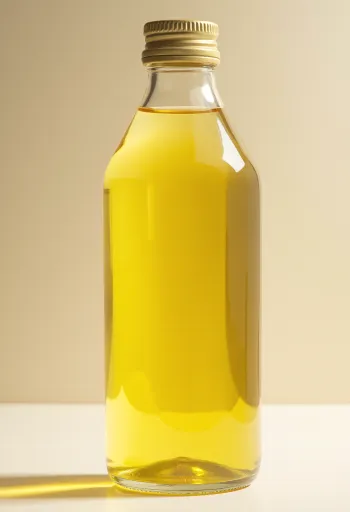 Соняшникова олія у пляшці та мисочці на світлому фоні