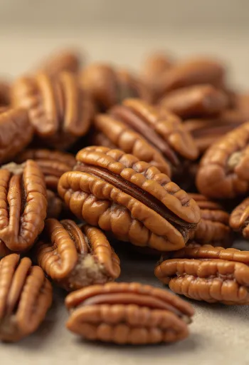 Очищені ядра пекана в дерев'яній мисці та розсипані на світлій поверхні