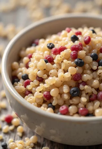 Суміш зерен сирої кіноа в керамічній мисці на дерев'яній поверхні