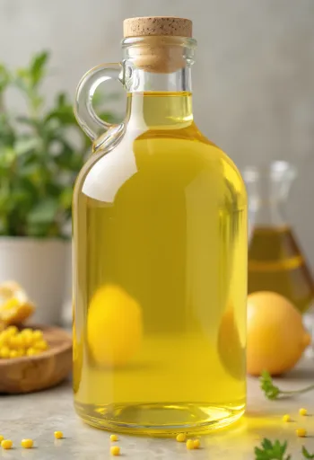 Ріпакова олія у скляній пляшці та мисці на світлому фоні