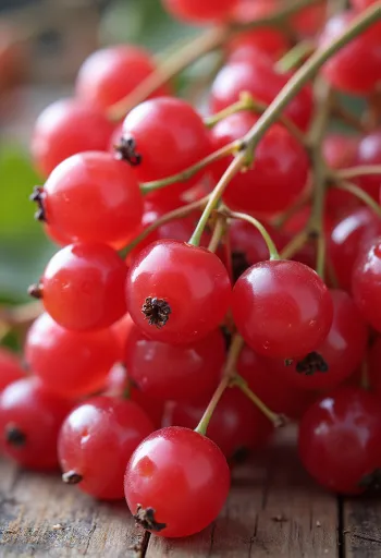 Свіжі грона червоної порічки в мисці та на столі, з домашнім варенням