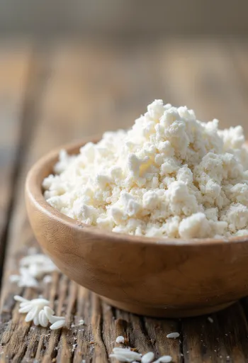 Дрібне рисове борошно в керамічній мисці, розсипане на дерев'яній поверхні