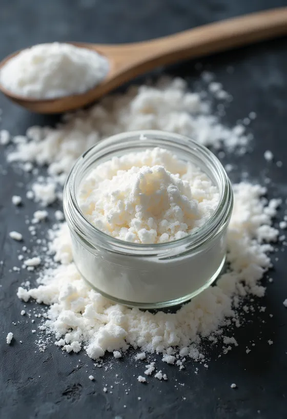 Сухе рисове молоко в мисці та розсипане в кухонному інтер'єрі