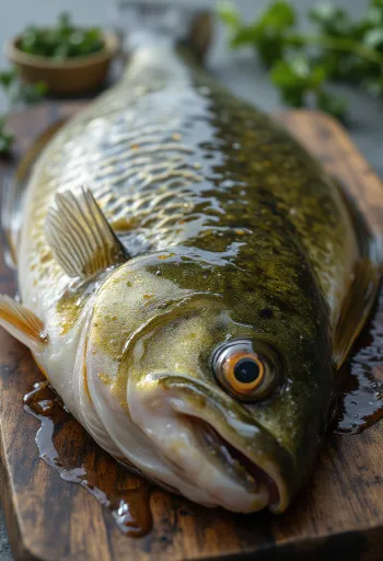 Свіже філе окуня зі спеціями та лимоном на дерев'яній обробній дошці