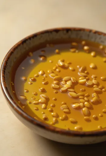 Кунжутна олія в пляшці та мисочці на світлому, нейтральному фоні