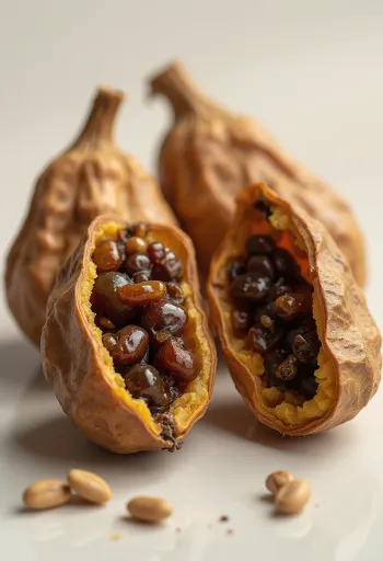 Цілі та відкриті плоди тамаринду з коричневою шкіркою, внутрішньою м'якоттю та чорним насінням