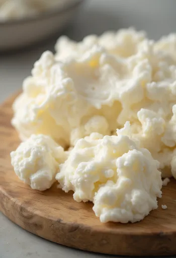 Свіжий кисломолочний сир у керамічній мисці, зернистий молочний продукт з дерев'яною ложкою