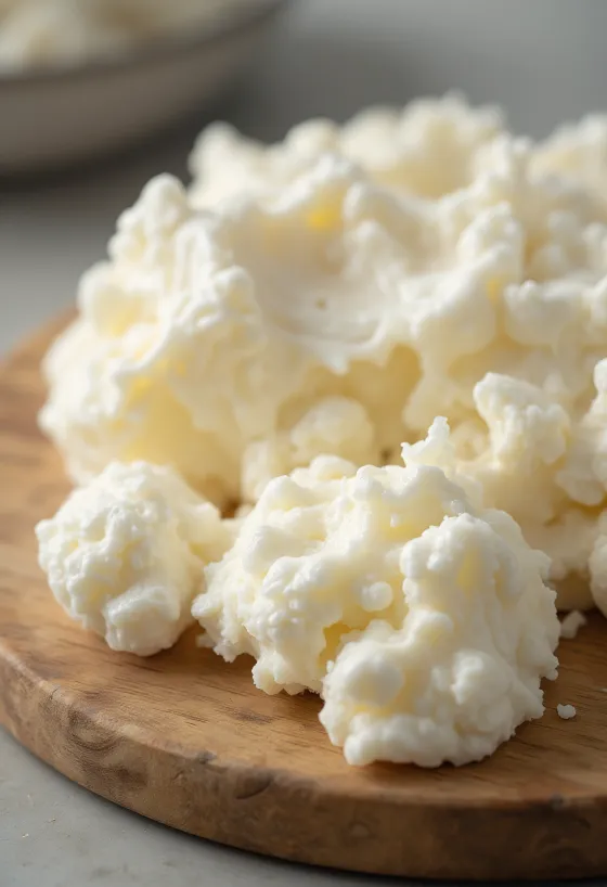 Свіжий кисломолочний сир у керамічній мисці, зернистий молочний продукт з дерев'яною ложкою
