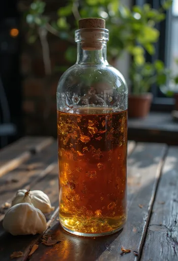 Пляшка червоного вермуту та келих на рустикальному столі, зі спеціями та оливкою