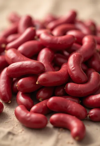 Фотореалістична червона квасоля в керамічній мисці та на дерев'яній ложці на рустикальному столі