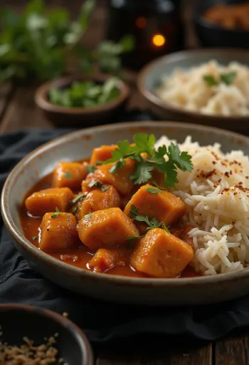 Pork Vindaloo, подане з рисом і свіжим коріандром