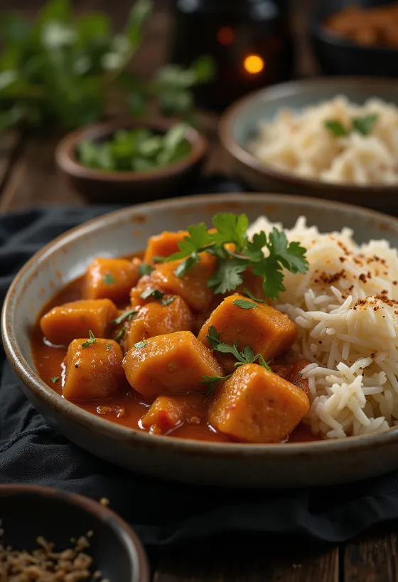 Pork Vindaloo, подане з рисом і свіжим коріандром