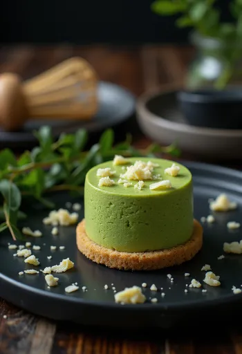 Торт з чаєм матча, прикрашений стружкою білого шоколаду