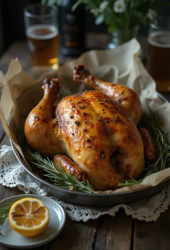 Frango assado з пивом, хрустка запечена курка, подана з розмарином та лимоном.