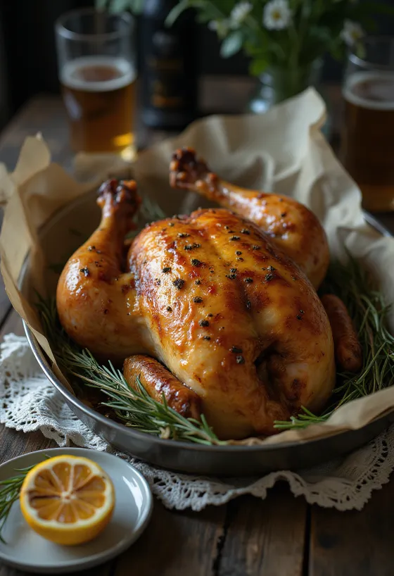 Frango assado з пивом, хрустка запечена курка, подана з розмарином та лимоном.