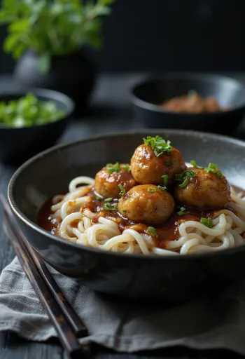 М'ясні кульки з рисовою локшиною та соєвим соусом