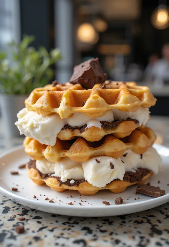 Вафлі-сендвіч з ванільним морозивом та шоколадною крихтою