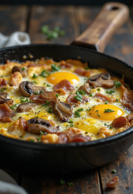 Frittata з беконом та грибами, прикрашена свіжою петрушкою