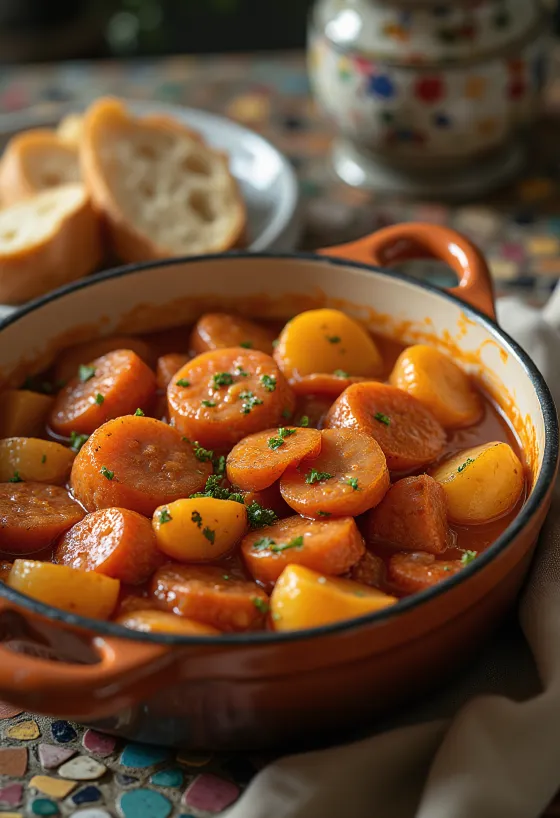 Картопля з паприкою з соковитими шматочками картоплі, копченою ковбасою та посипана свіжою петрушкою