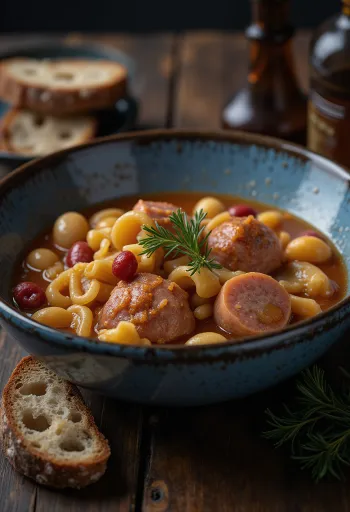 Мінестроне з ковбасою, макаронами та овочами, поданий як тепла домашня страва