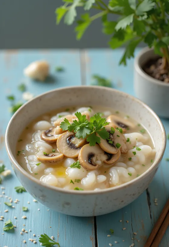 Грибне конджі, китайська рисова каша з грибами, імбиром та часником