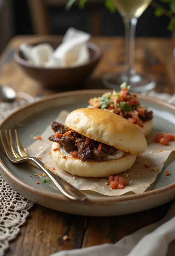 Булочки бао зі смаженою яловичиною, приготовані на пару, проста подача