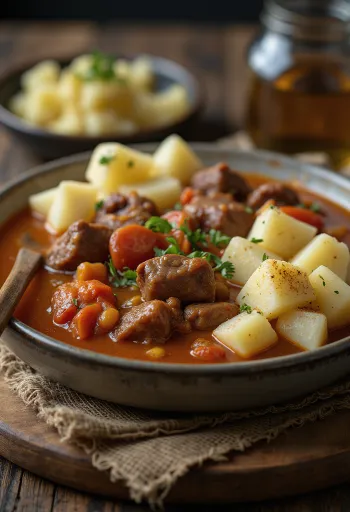 Тушковане м'ясо (Перкельт) з картоплею подане