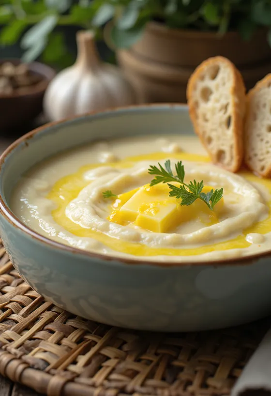 Часниково-цвітний крем-суп у тарілці