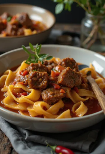 Гуляш (перкельт) з макаронами при подачі