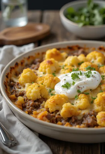 Запіканка з цвітної капусти з фаршем та сиром подана