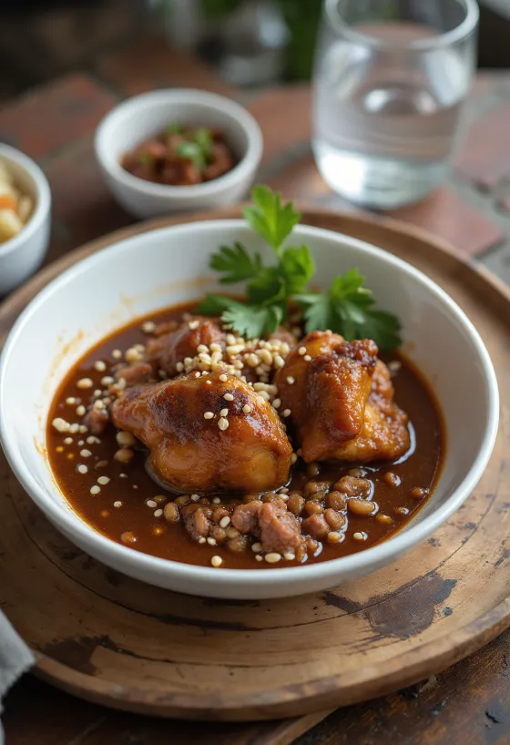 Mole estofado подається з курячим м'ясом, сметаною та мигдалем