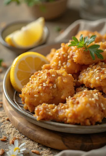 Карааге з часниковим маринадом, хрусткі шматочки курки, посипані кунжутом