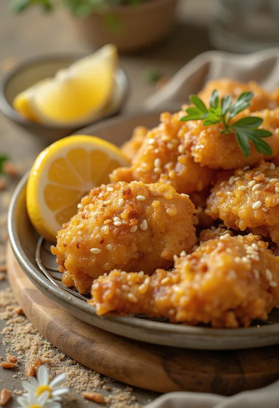 Карааге з часниковим маринадом, хрусткі шматочки курки, посипані кунжутом