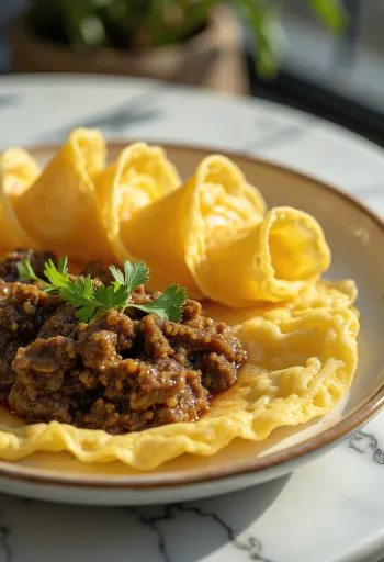 Roti Jala з яловичим рендангом, прикрашений свіжим коріандром