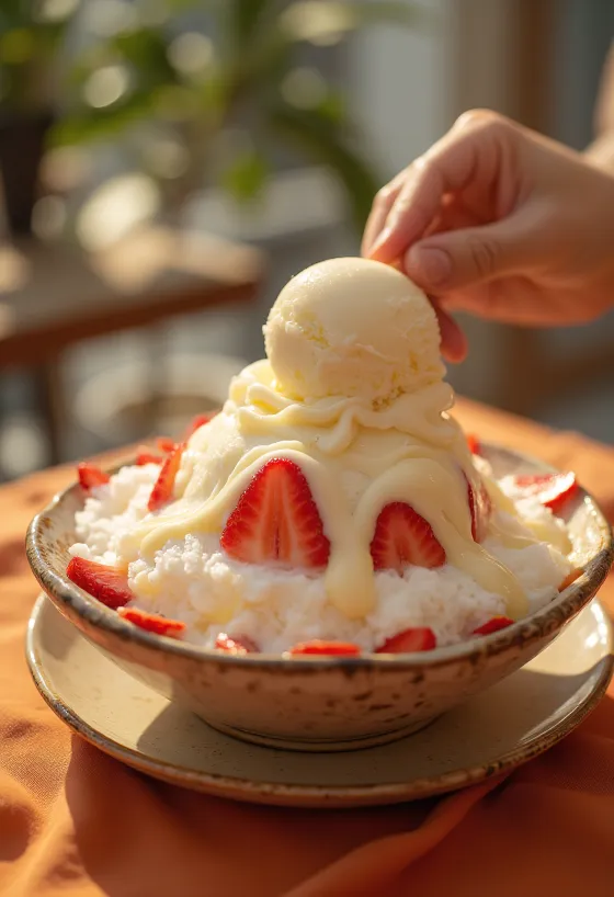 Ddalgi bingsu, зі свіжою полуницею, йогуртом та листям м'яти