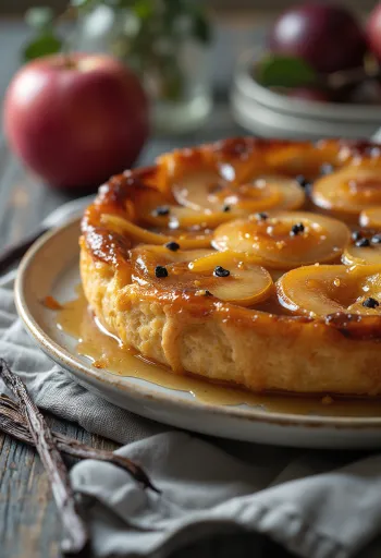 Тарт Татен з ваніллю, карамельний бісквіт зі скибочками яблука