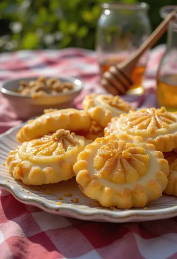 Меломакарона, просочена медовим сиропом, посипана меленими горіхами, подача