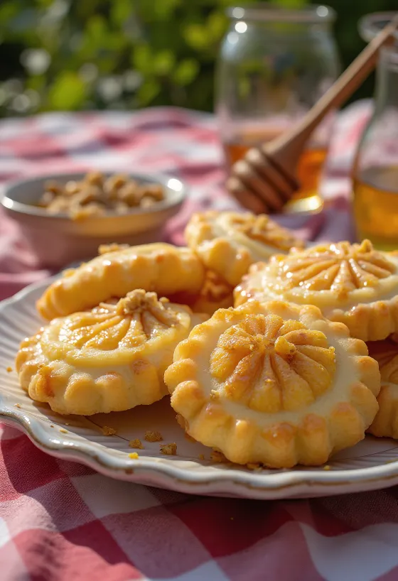 Меломакарона, просочена медовим сиропом, посипана меленими горіхами, подача