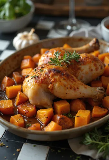 Запечені курячі стегенця з бататом на тарілці