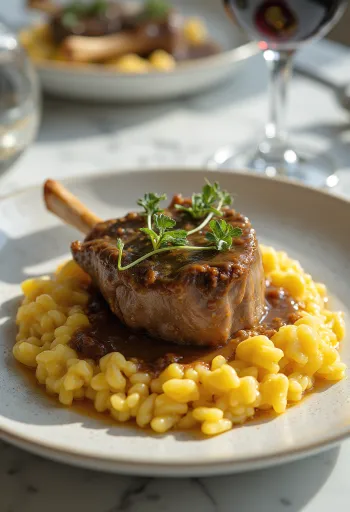 Osso buco, подане з різотто, посипане гремолатою, соковита теляча гомілка на подушці з різотто