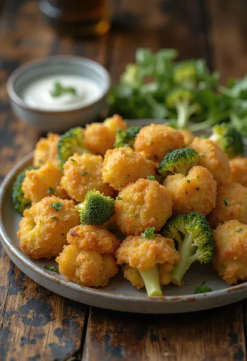 Хрустка броколі в паніровці, засмажена до золотисто-коричневого кольору, подана на тарілці зі свіжою скибочками лимона.