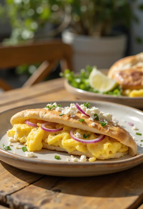 Піта з яйцем, фетою та свіжими овочами