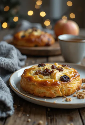 Золотистий веганський еклс-кейк зі свіжими фруктами та корицею