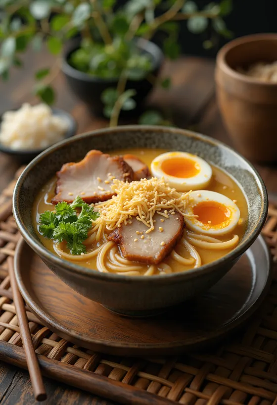 Sesame ramen з тахіні, м'ясом чашу, вареним яйцем і зеленою цибулею